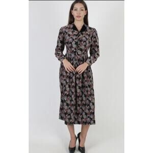 Vintage Laura Ashley Floral Pilgrim Velvet Collar Corduroy Midi Dress Size 10